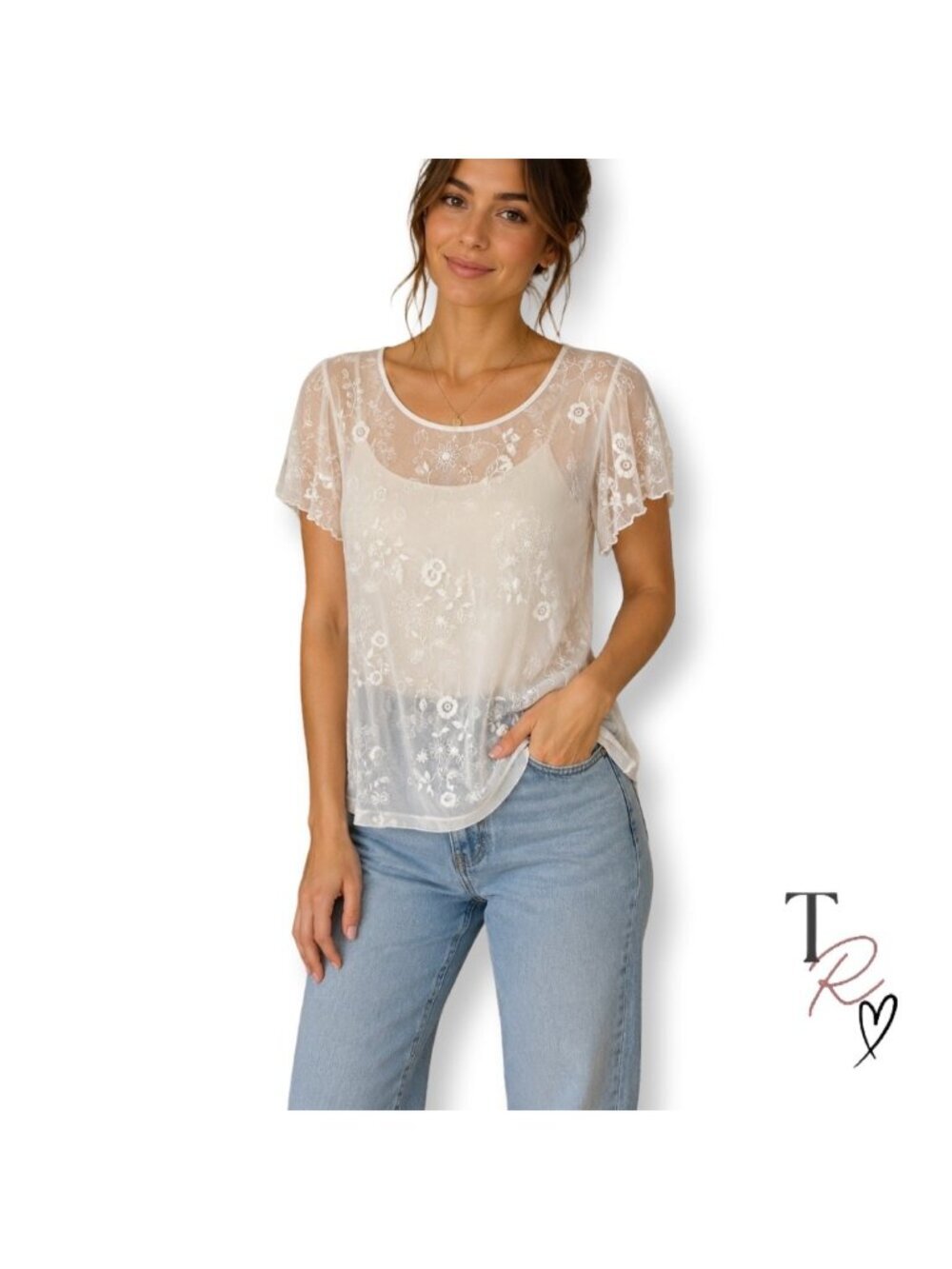 J. Jill Y2K Embroidered Mesh Floral Top Sheer Ivory Short Sleeve Blouse Small